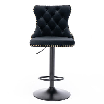 2x Height Adjustable Swivel Bar Stool Velvet Nailhead Barstool with Footrest - RnR Galore