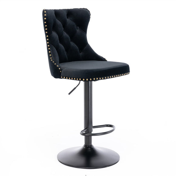 2x Height Adjustable Swivel Bar Stool Velvet Nailhead Barstool with Footrest - RnR Galore