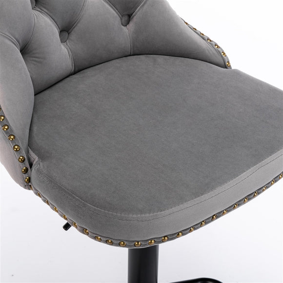 2x Height Adjustable Swivel Bar Stool Velvet Nailhead Barstool with Footrest - RnR Galore