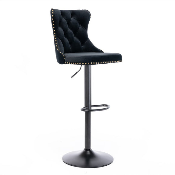 2x Height Adjustable Swivel Bar Stool Velvet Nailhead Barstool with Footrest - RnR Galore
