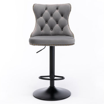 2x Height Adjustable Swivel Bar Stool Velvet Nailhead Barstool with Footrest - RnR Galore