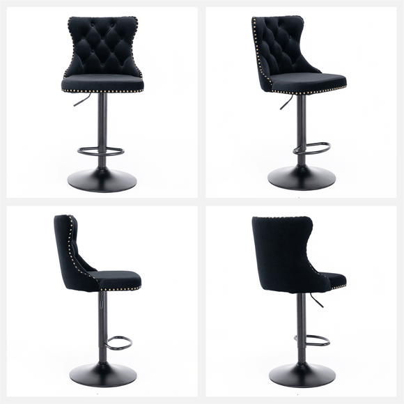 2x Height Adjustable Swivel Bar Stool Velvet Nailhead Barstool with Footrest - RnR Galore
