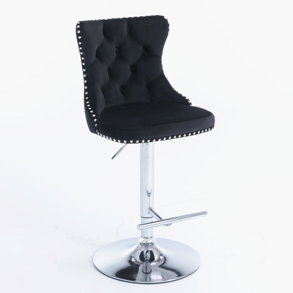 2x Height Adjustable Swivel Bar Stool Velvet Studs Barstool with Footrest and Chromed Base - Black - RnR Galore
