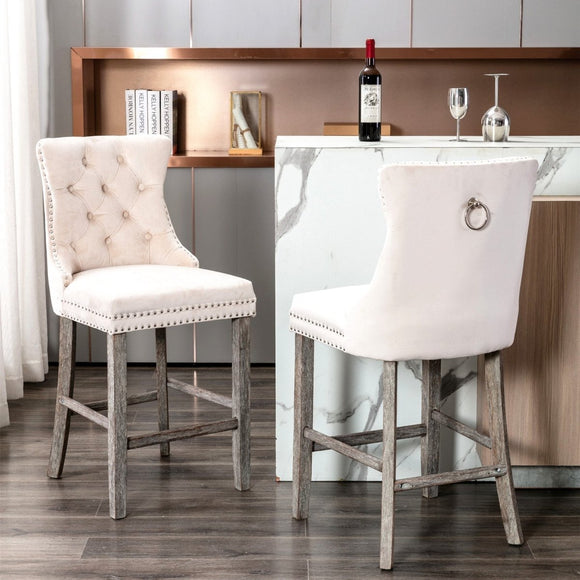2X Velvet Bar Stools with Studs Trim Wooden Legs Tufted Dining Chairs Kitchen - RnR Galore