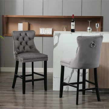 2X Velvet Bar Stools with Studs Trim Wooden Legs Tufted Dining Chairs Kitchen - RnR Galore
