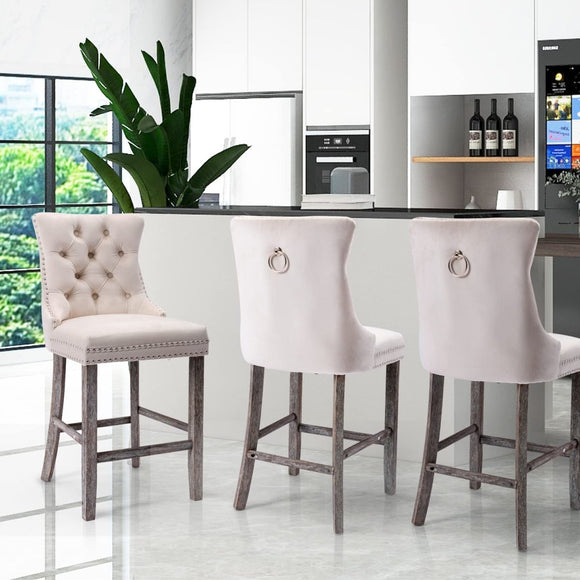 2X Velvet Bar Stools with Studs Trim Wooden Legs Tufted Dining Chairs Kitchen - RnR Galore
