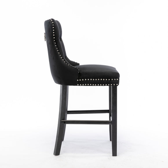 2X Velvet Bar Stools with Studs Trim Wooden Legs Tufted Dining Chairs Kitchen - RnR Galore