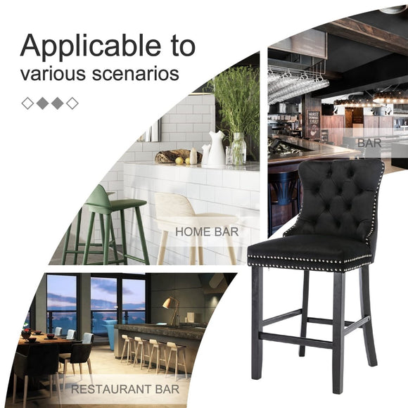 2X Velvet Bar Stools with Studs Trim Wooden Legs Tufted Dining Chairs Kitchen - RnR Galore