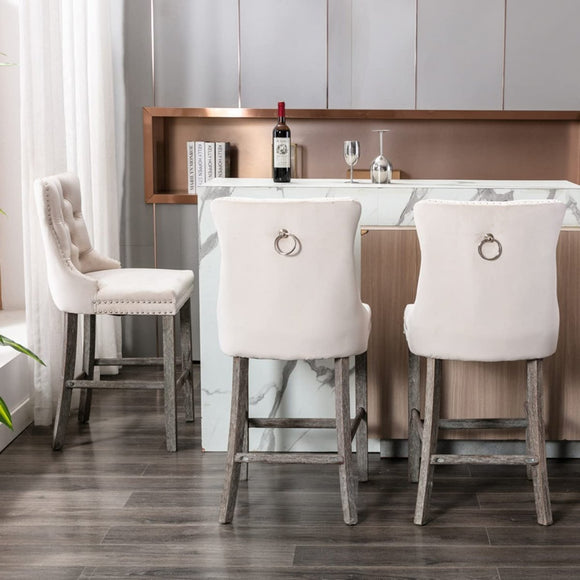 2X Velvet Bar Stools with Studs Trim Wooden Legs Tufted Dining Chairs Kitchen - RnR Galore