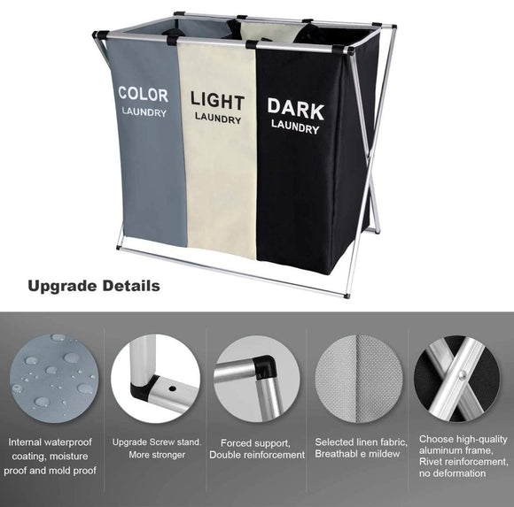 3 in 1 Large 135L Laundry Clothes Hamper Basket with Waterproof bags and Aluminum Frame (Multi) - RnR Galore