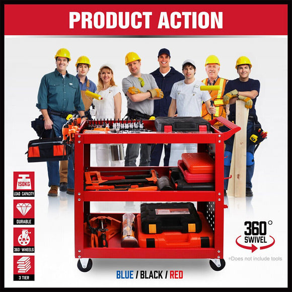 3 - Tier Heavy Duty Steel Tool Trolley - Workshop Cart with Pegboard, Hooks and Locking Swivel Casters - RnR Galore
