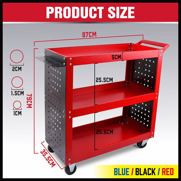 3 - Tier Heavy Duty Steel Tool Trolley - Workshop Cart with Pegboard, Hooks and Locking Swivel Casters - RnR Galore