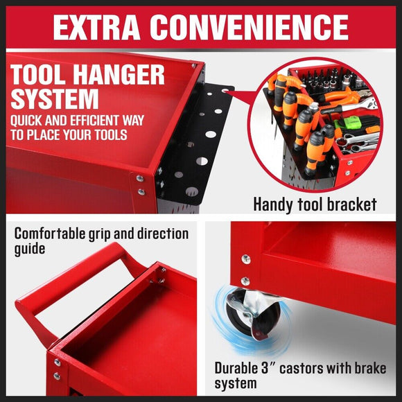 3 - Tier Heavy Duty Steel Tool Trolley - Workshop Cart with Pegboard, Hooks and Locking Swivel Casters - RnR Galore