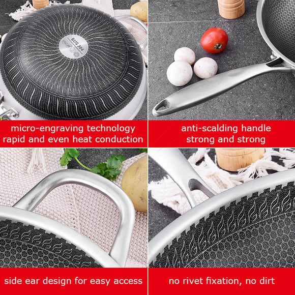 32cm 304 Stainless Steel Non - Stick Stir Fry Cooking Kitchen Honeycomb Wok Pan with Lid - RnR Galore