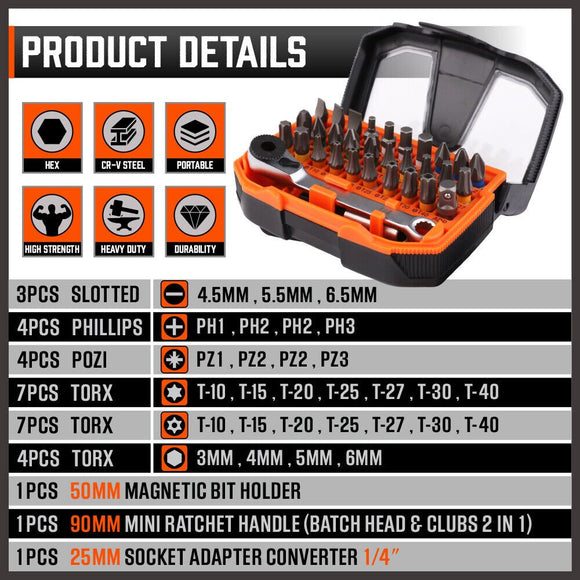 32Piece 1/4" Mini Double Head Screwdriver Bit and Ratchet Set CRV Steel Durable - RnR Galore