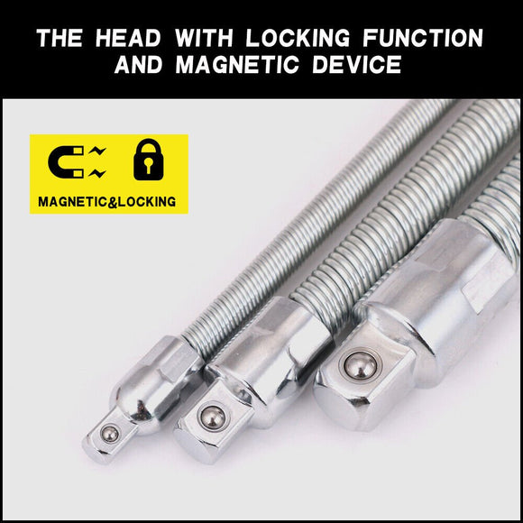 3PC Flexible Socket Extension Bars Shaft Set 1/2" 1/4" 3/8" Drive 10" 8" 6" Long - RnR Galore