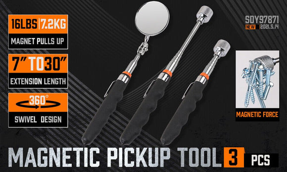 3Pc Magnetic Pick Up Tool & Swivel Inspection Mirror Telescoping Rod Heavy Duty - RnR Galore