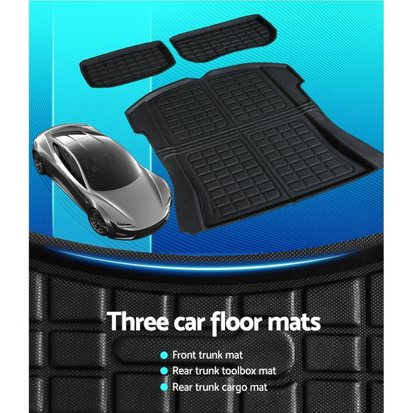 3PCS Car Rear Front Cargo Trunk Toolbox Luggage Rubber Mats for Tesla Model 3 2021 - 2022 - RnR Galore