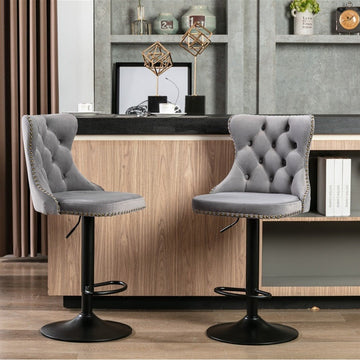 4x Height Adjustable Swivel Bar Stool Velvet Nailhead Barstool with Footrest - RnR Galore