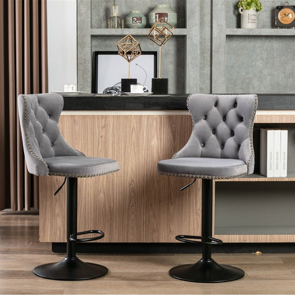 4x Height Adjustable Swivel Bar Stool Velvet Nailhead Barstool with Footrest - RnR Galore