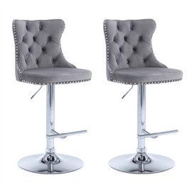 4x Height Adjustable Swivel Bar Stool Velvet Stud Barstool with Footrest and Chromed Base - Gray - RnR Galore