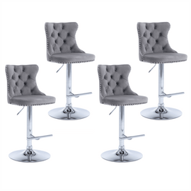 4x Height Adjustable Swivel Bar Stool Velvet Stud Barstool with Footrest and Chromed Base - Gray - RnR Galore