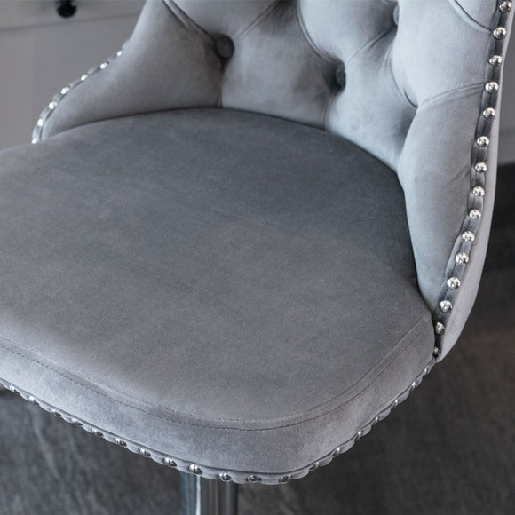 4x Height Adjustable Swivel Bar Stool Velvet Stud Barstool with Footrest and Chromed Base - Gray - RnR Galore