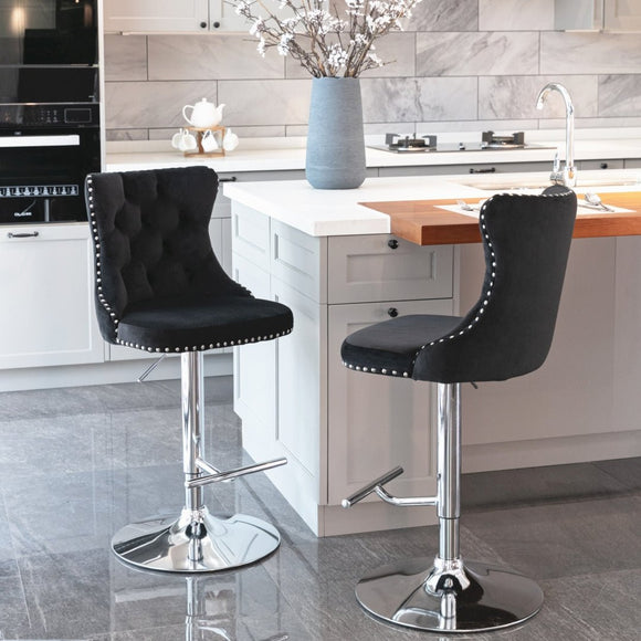 4x Height Adjustable Swivel Bar Stool Velvet Studs Barstool with Footrest and Chromed Base - Black - RnR Galore