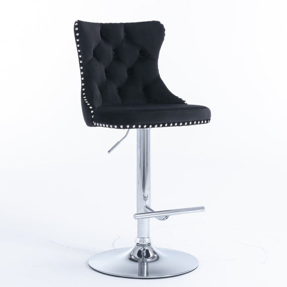 4x Height Adjustable Swivel Bar Stool Velvet Studs Barstool with Footrest and Chromed Base - Black - RnR Galore