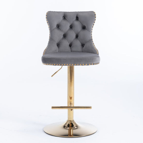 4x Height Adjustable Swivel Bar Stool Velvet Studs Barstool with Footrest and Golden Base - Grey - RnR Galore
