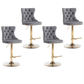 4x Height Adjustable Swivel Bar Stool Velvet Studs Barstool with Footrest and Golden Base - Grey - RnR Galore