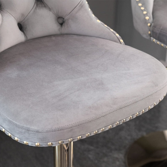 4x Height Adjustable Swivel Bar Stool Velvet Studs Barstool with Footrest and Golden Base - Grey - RnR Galore