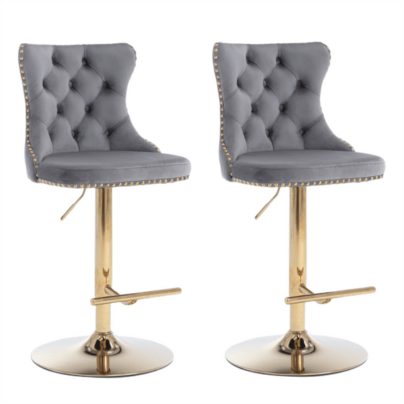 4x Height Adjustable Swivel Bar Stool Velvet Studs Barstool with Footrest and Golden Base - Grey - RnR Galore