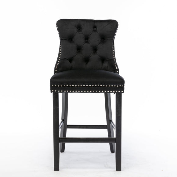 4X Velvet Bar Stools with Studs Trim Wooden Legs Tufted Dining Chairs Kitchen - RnR Galore