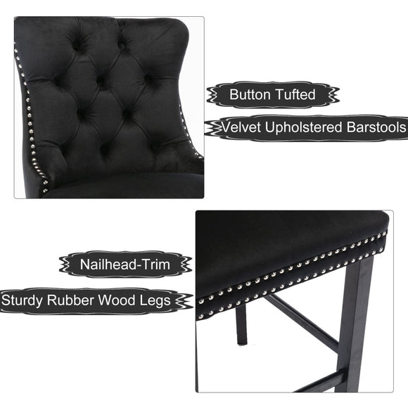 4X Velvet Bar Stools with Studs Trim Wooden Legs Tufted Dining Chairs Kitchen - RnR Galore