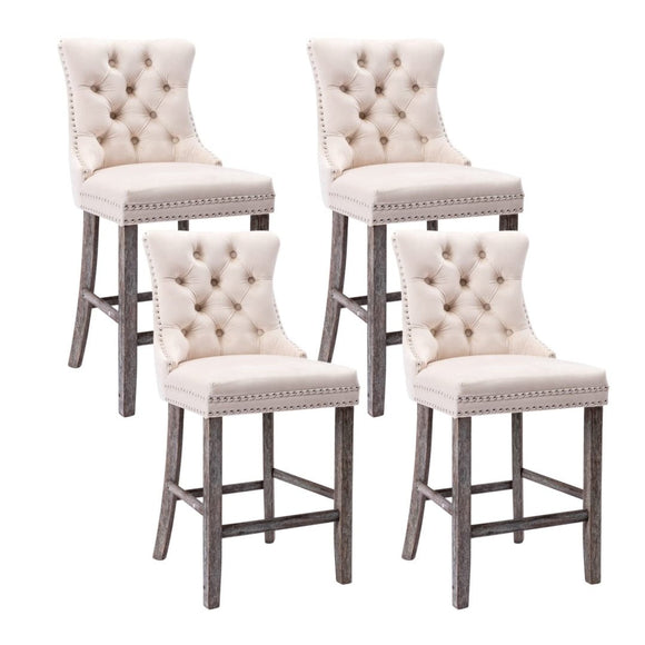 4X Velvet Bar Stools with Studs Trim Wooden Legs Tufted Dining Chairs Kitchen - RnR Galore