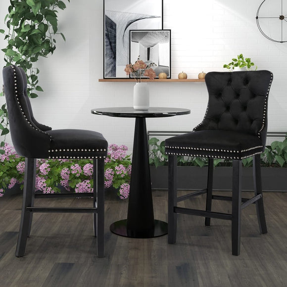 4X Velvet Bar Stools with Studs Trim Wooden Legs Tufted Dining Chairs Kitchen - RnR Galore