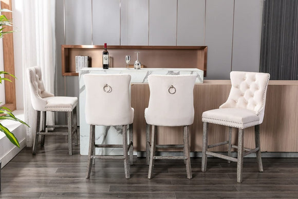 4X Velvet Bar Stools with Studs Trim Wooden Legs Tufted Dining Chairs Kitchen - RnR Galore