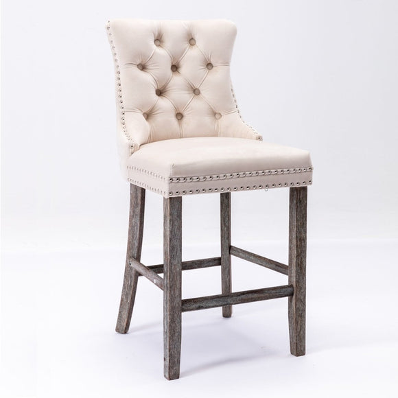 4X Velvet Bar Stools with Studs Trim Wooden Legs Tufted Dining Chairs Kitchen - RnR Galore