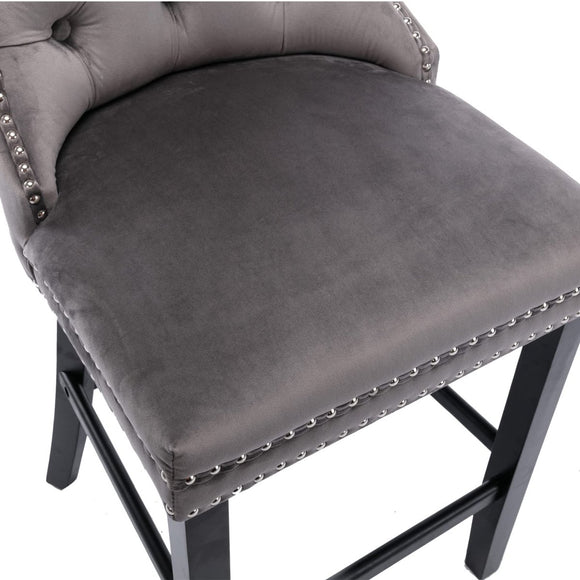 4X Velvet Bar Stools with Studs Trim Wooden Legs Tufted Dining Chairs Kitchen - RnR Galore