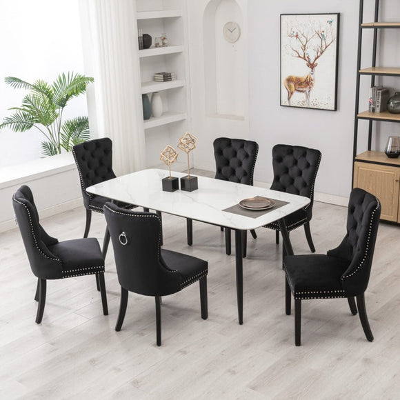 4x Velvet Dining Chairs Upholstered Tufted Kithcen Chair with Solid Wood Legs Stud Trim and Ring - Black - RnR Galore