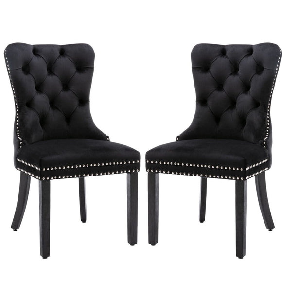 4x Velvet Dining Chairs Upholstered Tufted Kithcen Chair with Solid Wood Legs Stud Trim and Ring - Black - RnR Galore