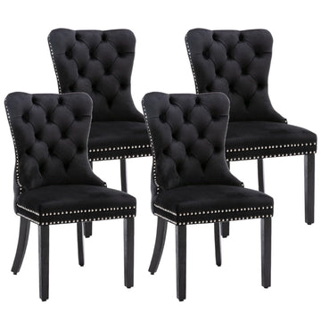 4x Velvet Dining Chairs Upholstered Tufted Kithcen Chair with Solid Wood Legs Stud Trim and Ring - Black - RnR Galore