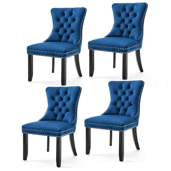 4x Velvet Dining Chairs Upholstered Tufted Kithcen Chair with Solid Wood Legs Stud Trim and Ring - Blue - RnR Galore