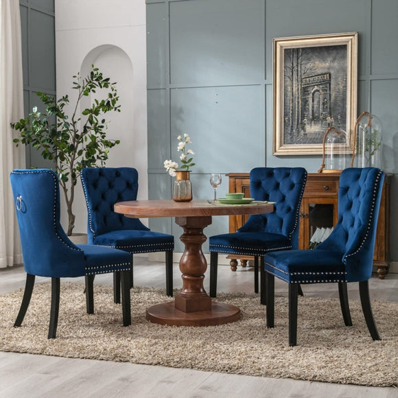 4x Velvet Dining Chairs Upholstered Tufted Kithcen Chair with Solid Wood Legs Stud Trim and Ring - Blue - RnR Galore