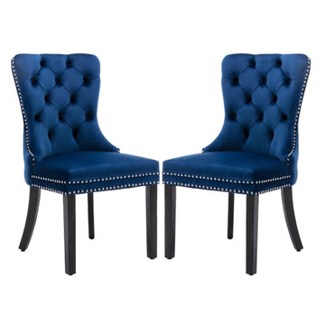 4x Velvet Dining Chairs Upholstered Tufted Kithcen Chair with Solid Wood Legs Stud Trim and Ring - Blue - RnR Galore