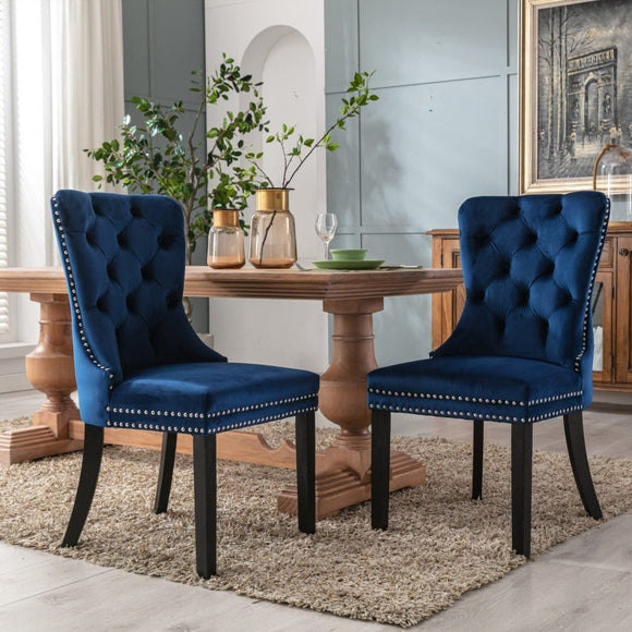 4x Velvet Dining Chairs Upholstered Tufted Kithcen Chair with Solid Wood Legs Stud Trim and Ring - Blue - RnR Galore