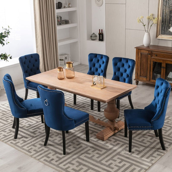 4x Velvet Dining Chairs Upholstered Tufted Kithcen Chair with Solid Wood Legs Stud Trim and Ring - Blue - RnR Galore