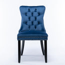 4x Velvet Dining Chairs Upholstered Tufted Kithcen Chair with Solid Wood Legs Stud Trim and Ring - Blue - RnR Galore