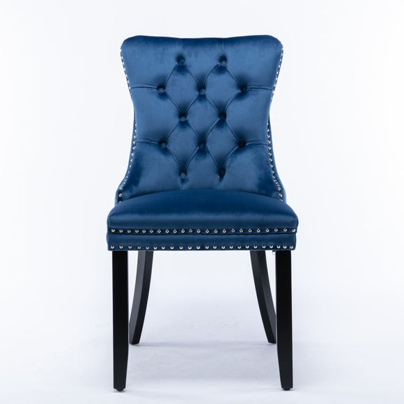 4x Velvet Dining Chairs Upholstered Tufted Kithcen Chair with Solid Wood Legs Stud Trim and Ring - Blue - RnR Galore